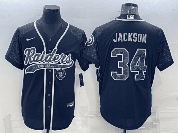 Las Vegas Raiders #34 Bo Jackson Black Reflective With Patch Cool Base Stitched Baseball Jersey
