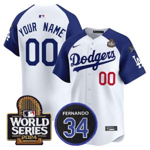 Los Angeles Dodgers Custom White Royal 2024 World Series With Fernando Memorial Patch Limited Stitched Jersey