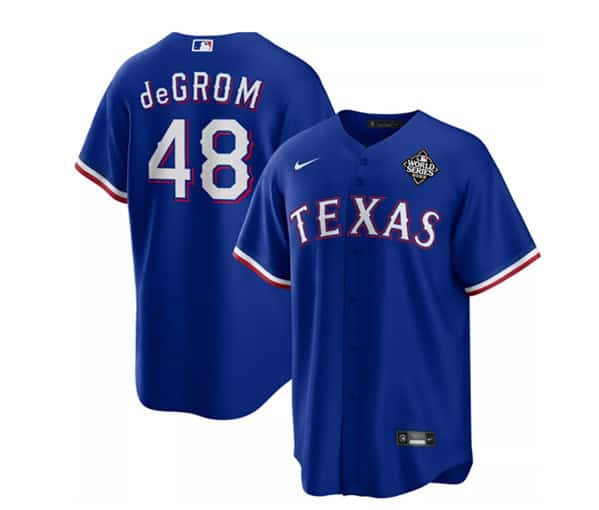 Texas Rangers #48 Jacob DeGrom Royal 2023 World Series Cool Base Stitched Jersey