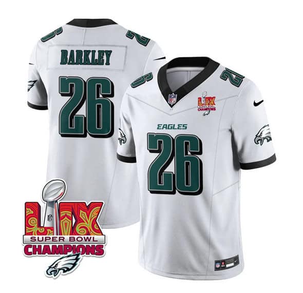 Philadelphia Eagles #26 Saquon Barkley White 2025 Eagles Logo Super Bowl LIX Patch New F.U.S.E. Vapor Untouchable Limited Stitched Jersey