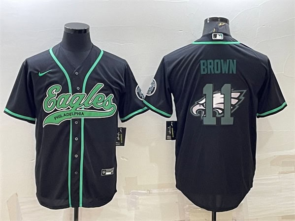Philadelphia Eagles #11 A. J. Brown Black Team Big Logo With Patch Cool Base Stitched Baseball Jersey