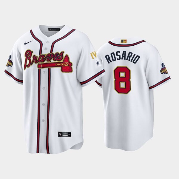 Atlanta Braves #8 Eddie Rosario 2022 White Gold World Series Champions Program Cool Base Stitched Baseball Jersey