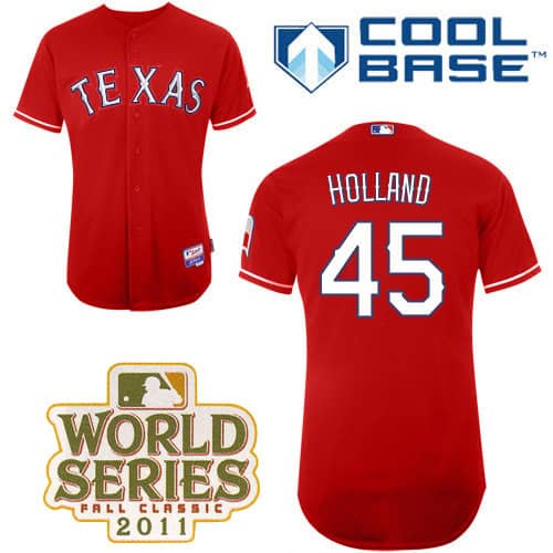 Rangers #45 Derek Holland Red Cool Base 2011 World Series Patch Stitched Jersey