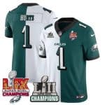 Philadelphia Eagles #1 Jalen Hurts White Green 2025 LII-LIX Super Bowl Champions Patch F.U.S.E. Vapor Untouchable Limited Stitched Jersey