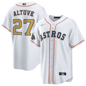 Houston Astros #27 Jose Altuve White 2023 Gold Collection With World Serise Champions Patch Cool Base Stitched Jersey