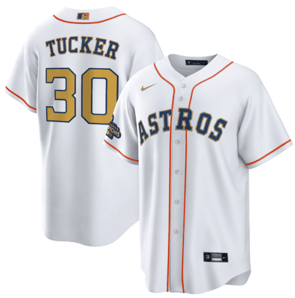 Houston Astros #30 Kyle Tucker White 2023 Gold Collection With World Serise Champions Patch Cool Base Stitched Jersey