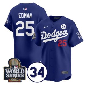 Los Angeles Dodgers #25 Tommy Edman Royal 2024 World Series With No. 34 Patch Limited Stitched Jersey