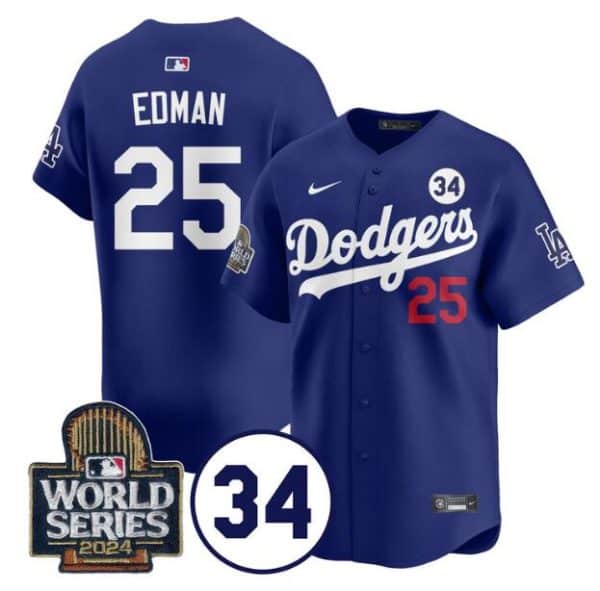 Los Angeles Dodgers #25 Tommy Edman Royal 2024 World Series With No. 34 Patch Limited Stitched Jersey