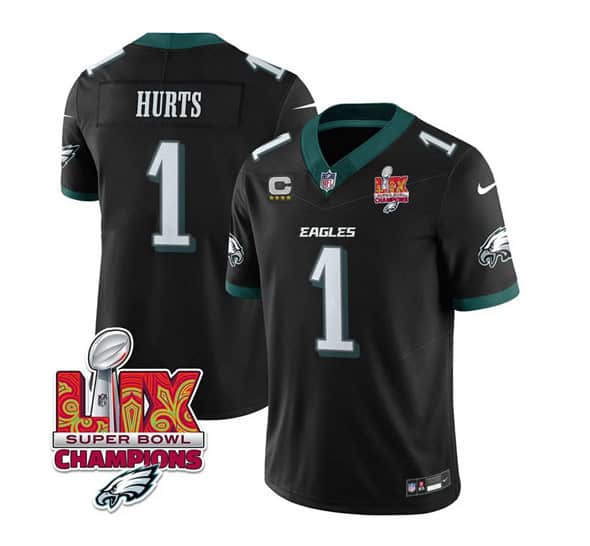 Philadelphia Eagles #1 Jalen Hurts Black 2025 Eagles Logo Super Bowl LIX Patch New F.U.S.E. Vapor Untouchable Limited Stitched Jersey