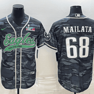 Philadelphia Eagles #68 Jordan Mailata Grey Camo With Super Bowl LVII Patch Cool Base Stitched Baseball Jersey