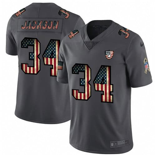 Raiders #34 Bo Jackson Grey 2019 Salute To Service USA Flag Fashion Limited Stitched Jersey