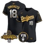 Los Angeles Dodgers #18 Yoshinobu Yamamoto Black Gold 2024 World Series Champions With Vin Patch Vapor Limited Stitched Jersey