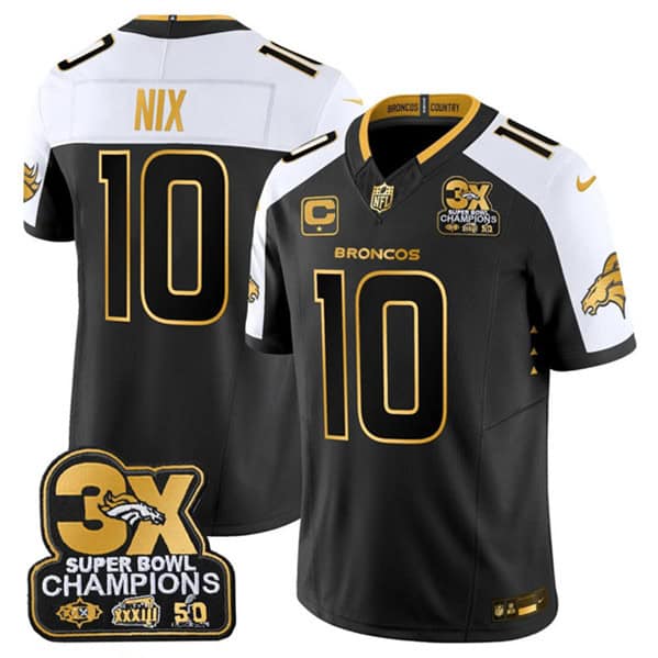 Denver Broncos #10 Bo Nix Black Gold 2024 F.U.S.E. With 3-Time Champions Patch And 1-Star C Patch Vapor Limited Stitched Jersey