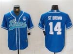Detroit Lions #14 Amon-Ra St. Brown Blue With 90th Anniversary Patch Cool Base Stitched Jersey