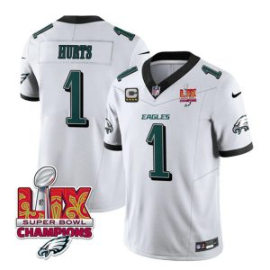 Philadelphia Eagles #1 Jalen Hurts White 2025 Eagles Logo Super Bowl LIX Patch New F.U.S.E. Vapor Untouchable Limited Stitched Jersey