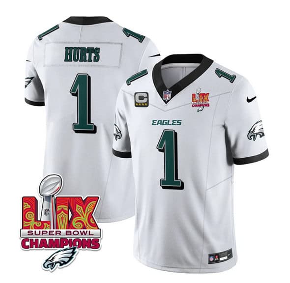 Philadelphia Eagles #1 Jalen Hurts White 2025 Eagles Logo Super Bowl LIX Patch New F.U.S.E. Vapor Untouchable Limited Stitched Jersey