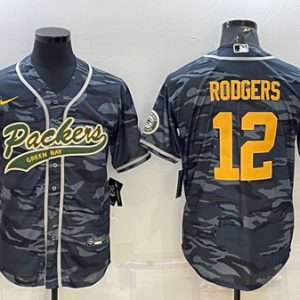 Green Bay Packers #12 Aaron Rodgers Gray Gold Camo With Patch Cool Base Stitched Baseball Jersey