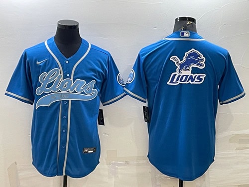 Detroit Lions Blue Team Big Logo With Patch Cool Base Stitched Baseball Jersey