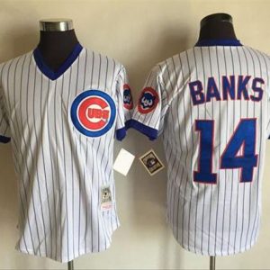 Mitchell And Ness Cubs #14 Ernie Banks White(Blue Strip) Throwback Stitched Jersey