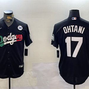 Los Angeles Dodgers #17 Shohei Ohtani Black Mexico 2024 World Series With No. 34 Patch Cool Base Stitched Jersey