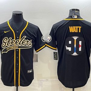 Pittsburgh Steelers #90 T. J. Watt Black Team Big Logo With Patch Cool Base Stitched Baseball Jersey
