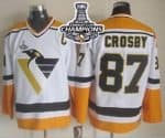 Penguins #87 Sidney Crosby White Yellow CCM Throwback 2016 Stanley Cup Champions Stitched Jersey