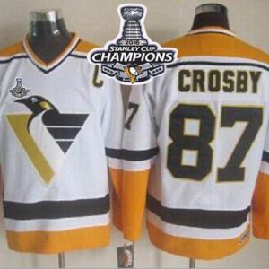 Penguins #87 Sidney Crosby White Yellow CCM Throwback 2016 Stanley Cup Champions Stitched Jersey