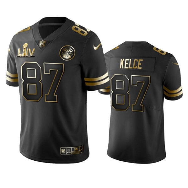 Kansas City Chiefs #87 Travis Kelce Black Golden Super Bowl LV Vapor Limited Stitched Jersey