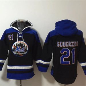 New York Mets #21 Max Scherzer Black Blue Ageless Must-Have Lace-Up Pullover Hoodie