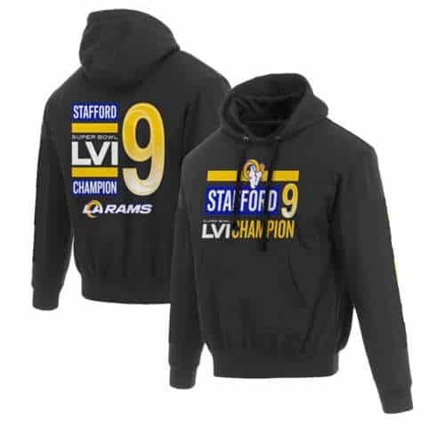 Los Angeles Rams #9 Matthew Stafford 2022 Black Super Bowl LVI Champions Pullover Hoodie