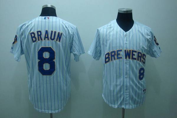 Brewers #8 Ryan Braun Stitched White Blue Strip Jersey