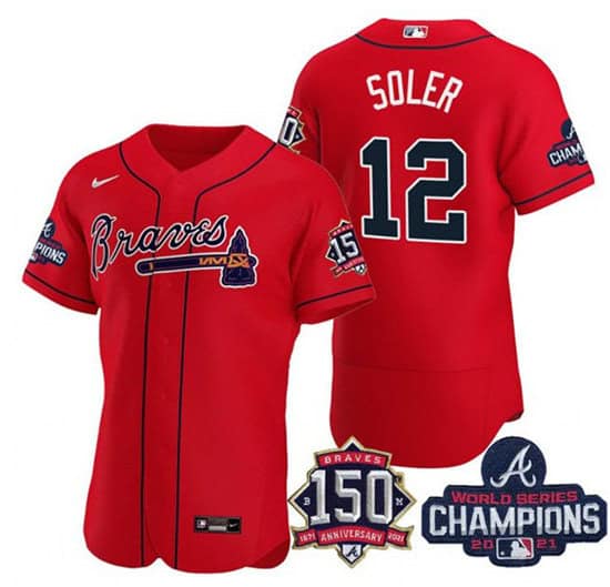 Atlanta Braves #12 Jorge Soler 2021 Red World Series Champions With 150th Anniversary Flex Base Stitched Jersey