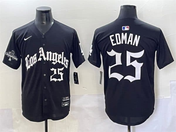 Los Angeles Dodgers #25 Tommy Edman Black Mexico 2025 LA Gothic Style With 2024 World Series Champions Patch Vapor Premier Limited Stitched Jersey