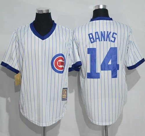 Cubs #14 Ernie Banks White Strip Home Cooperstown Stitched Jersey