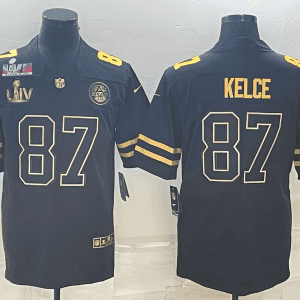 Kansas City Chiefs #87 Travis Kelce Black Golden Super Bowl LV And Super Bowl LVII Patch Vapor Limited Stitched Jersey