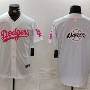 Los Angeles Dodgers Team Big Logo White Pink Vin Kobe Patch Stitched Jersey