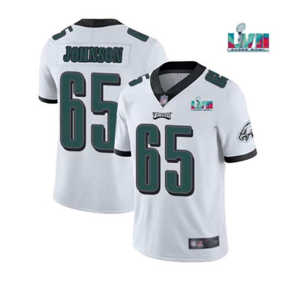 Philadelphia Eagles #65 Lane Johnson White Super Bowl LVII Patch Vapor Untouchable Limited Stitched Jersey