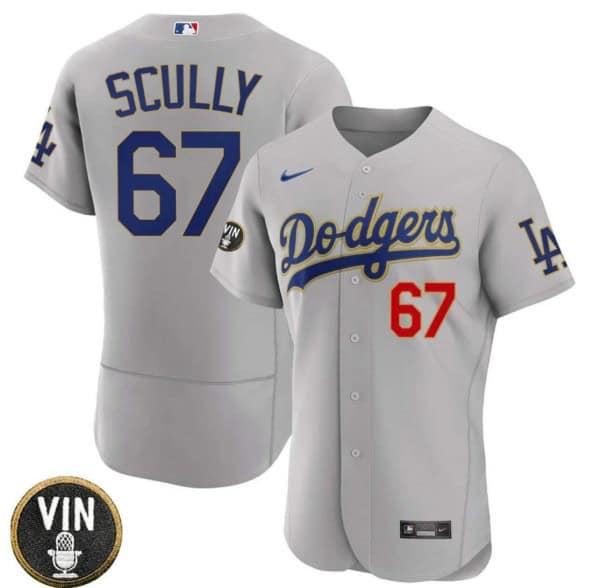 Los Angeles Dodgers #67 Vin Scully 2022 Grey Vin Scully Patch Flex Base Stitched Jersey