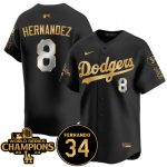 Los Angeles Dodgers #8 Enrique Hernandez Black Gold 2024 World Series Champions Fernando Memorial Patch Vapor Premier Limited Stitched Jersey