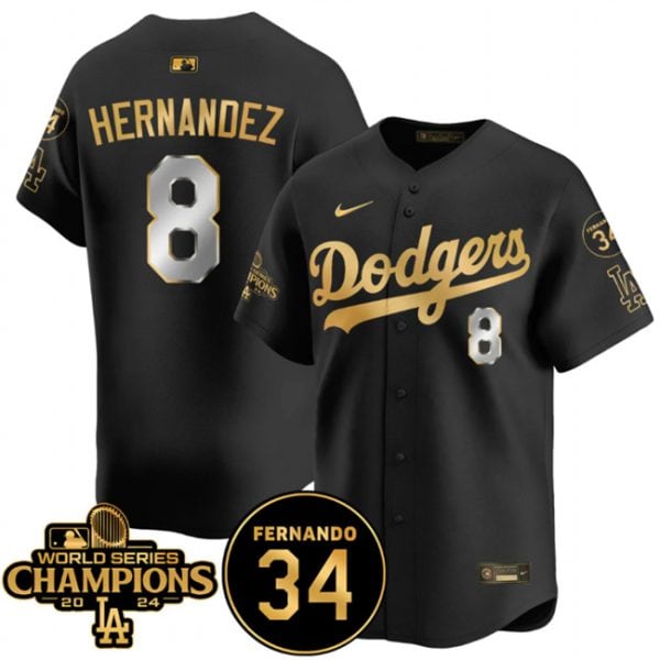 Los Angeles Dodgers #8 Enrique Hernandez Black Gold 2024 World Series Champions Fernando Memorial Patch Vapor Premier Limited Stitched Jersey