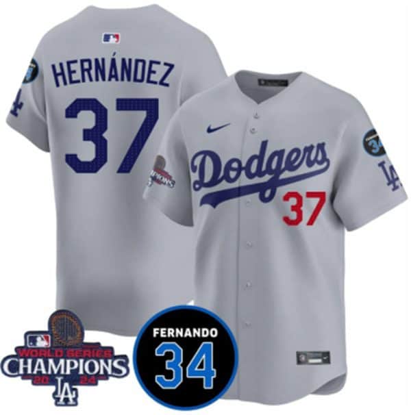 Los Angeles Dodgers #37 Teoscar Hernandez Gray 2024 World Series Champions With Fernando Memorial Patch Vapor Premier Limited Stitched Jersey