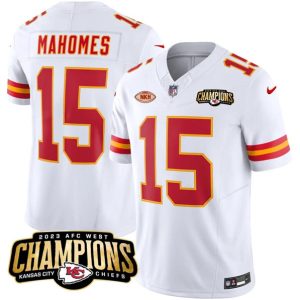Kansas City Chiefs #15 Patrick Mahomes White 2023 F.U.S.E. AFC West Champions With "NKH" Patch Vapor Untouchable Limited Stitched Jersey