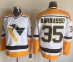 Penguins #35 Tom Barrasso White Yellow CCM Throwback Stitched Jersey
