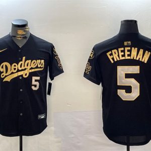 Los Angeles Dodgers #5 Freddie Freeman Black Gold 2024 World Series Champions With Fernando Memorial Patch Limited Stitched Jersey