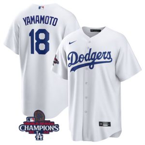 Los Angeles Dodgers #18 Yoshinobu Yamamoto White 2024 World Series Champions Home Stitched Jersey