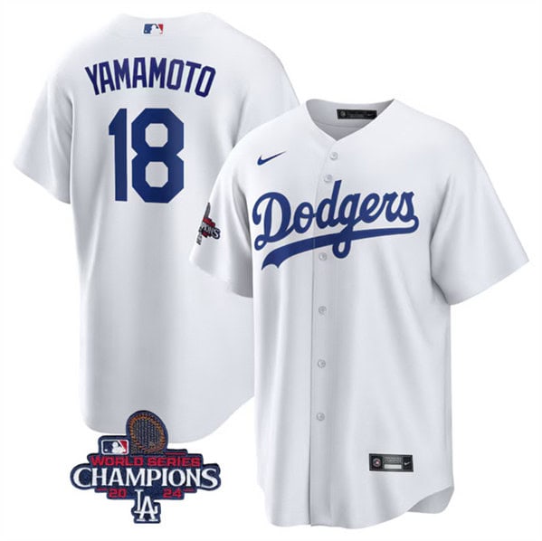 Los Angeles Dodgers #18 Yoshinobu Yamamoto White 2024 World Series Champions Home Stitched Jersey