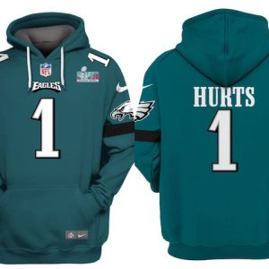Philadelphia Eagles #1 Jalen Hurts Green Super Bowl LVII Patch Pullover Hoodie