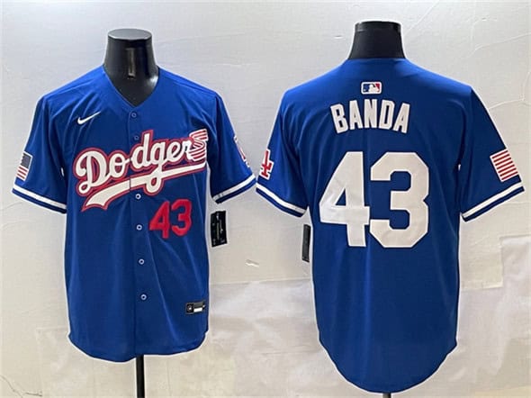 Los Angeles Dodgers #43 Anthony Banda Royal With American Flag Patch Limited Stitched Jersey