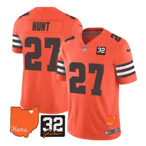 Cleveland Browns #27 Kareem Hunt Orange 2023 F.U.S.E. With Jim Brown Memorial Patch Vapor Untouchable Limited Stitched Jersey