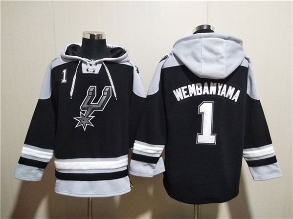 San Antonio Spurs #1 Victor Wembanyama Black Ageless Must-Have Lace-Up Pullover Hoodie